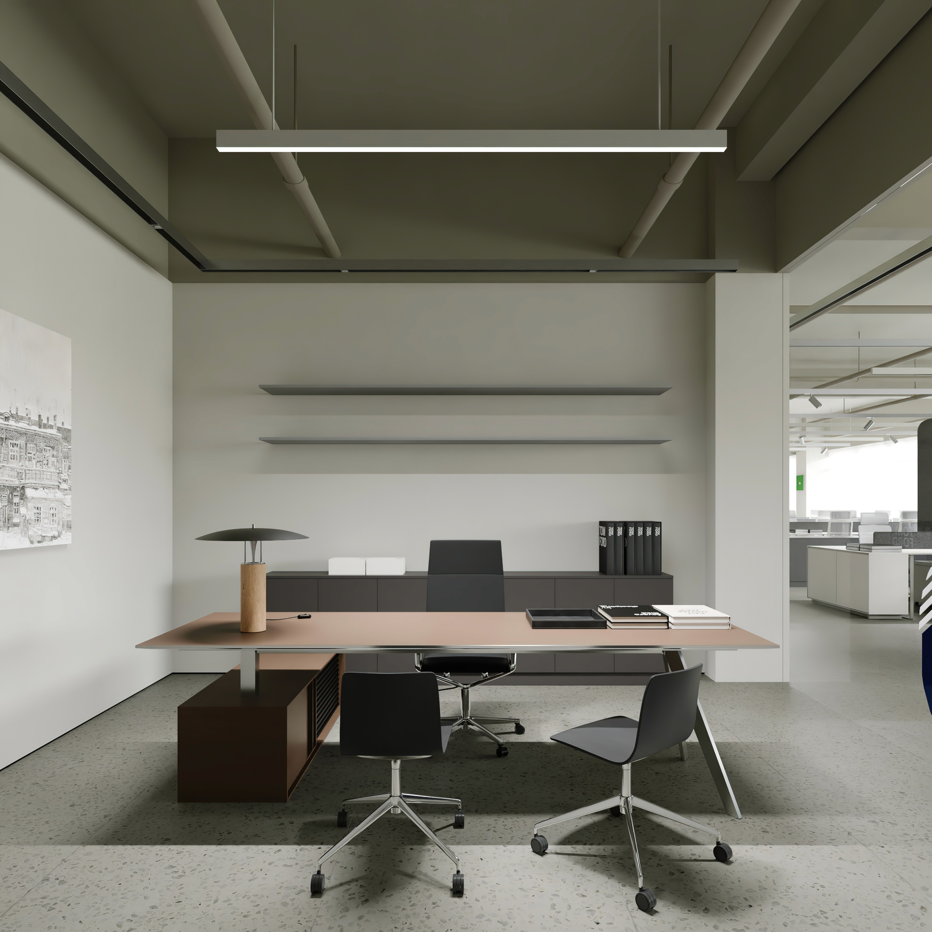 Modern office interior designer project featuring light oak fluted wall panels and glass partitions