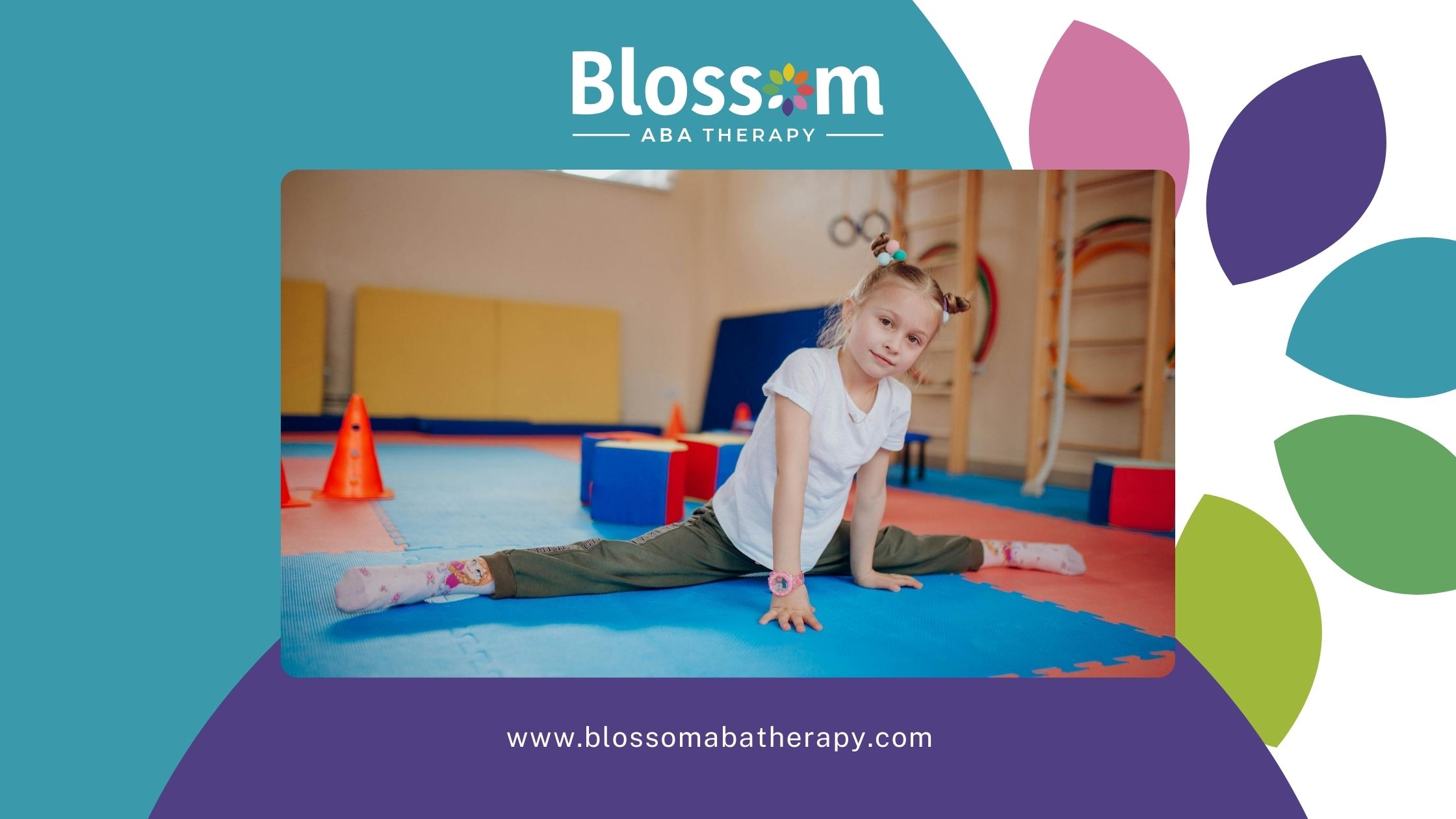 An autistic girl performing a split on a padded floor at a gymnastics training facility in Georgia.