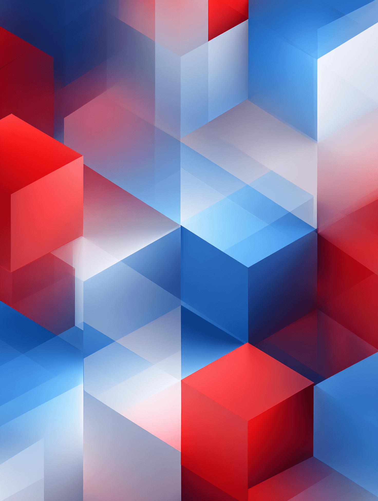 Abstract geometric design with overlapping red, blue, and white translucent cubes, creating a 3D effect. The tone is modern and dynamic.