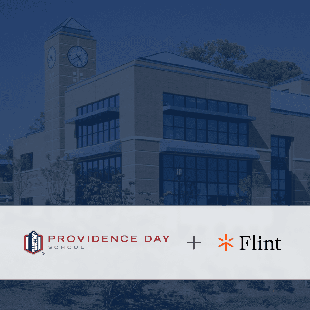 Providence Day School logo plus Flint logo on top blue picture of campus building.