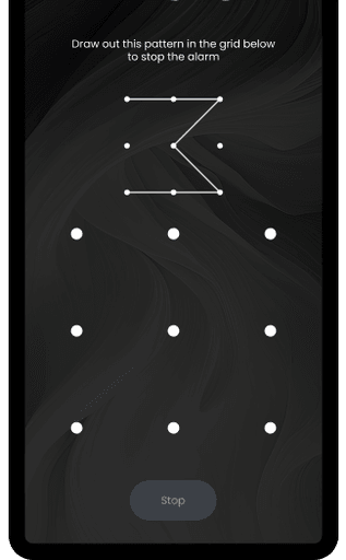 Cognitive Alarm screen prompting user to draw a pattern using a 3x3 grid.