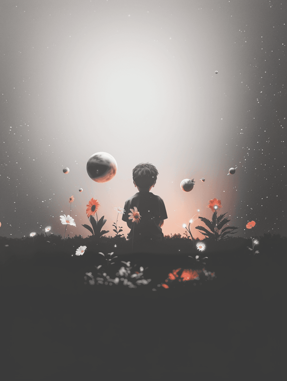 a silhouette of a young boy playing in an extraterrestrial garden