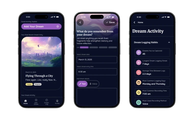 Screenshots of the DreamSphere app