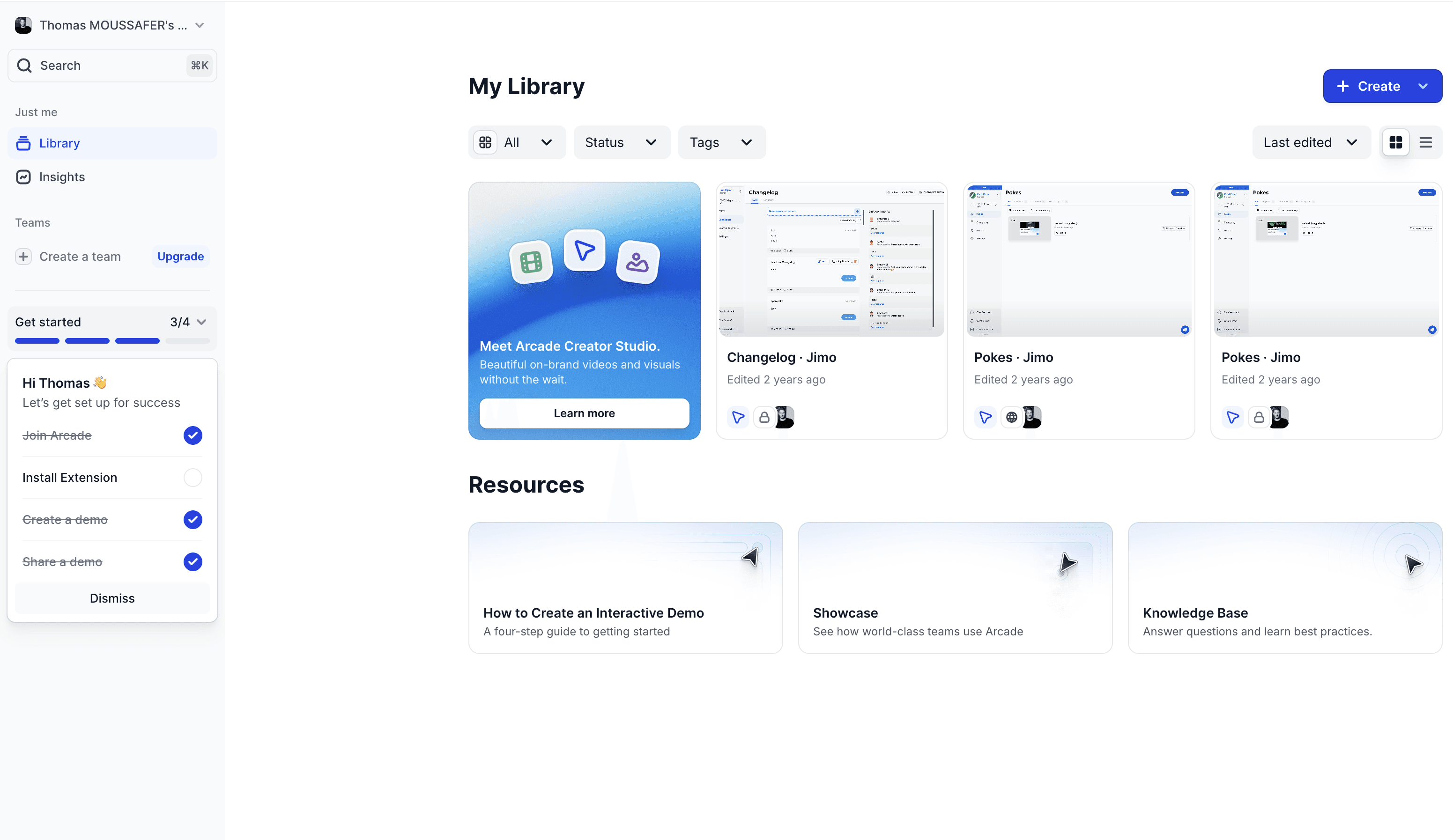 Arcade embeds its checklist directly in the left navigation with a progress bar (3/4) and pre-checked completed tasks, using the endowed progress effect to drive completion.