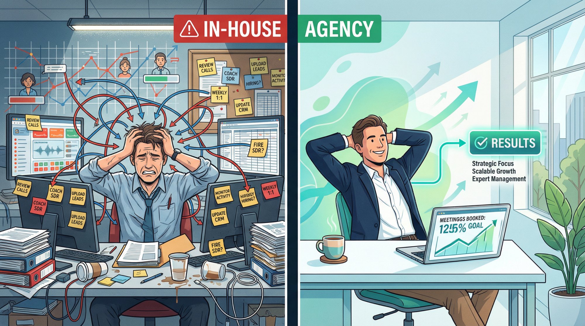 Visual comparison showing CEO buried in SDR management tasks versus relaxed CEO with agency handling outbound