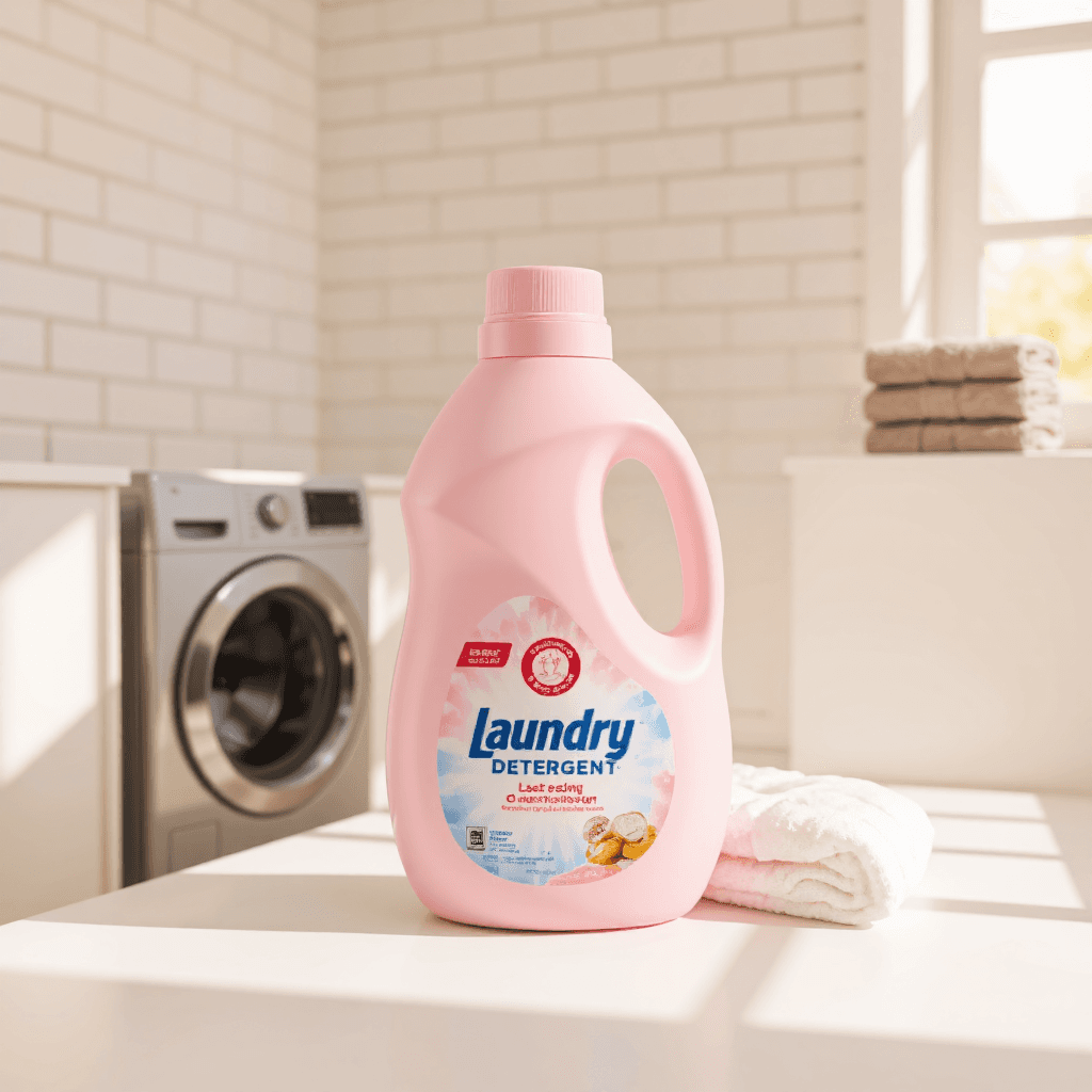 product photography of a bottle of laundry detergent, used for washing clothes, featuring a pink color