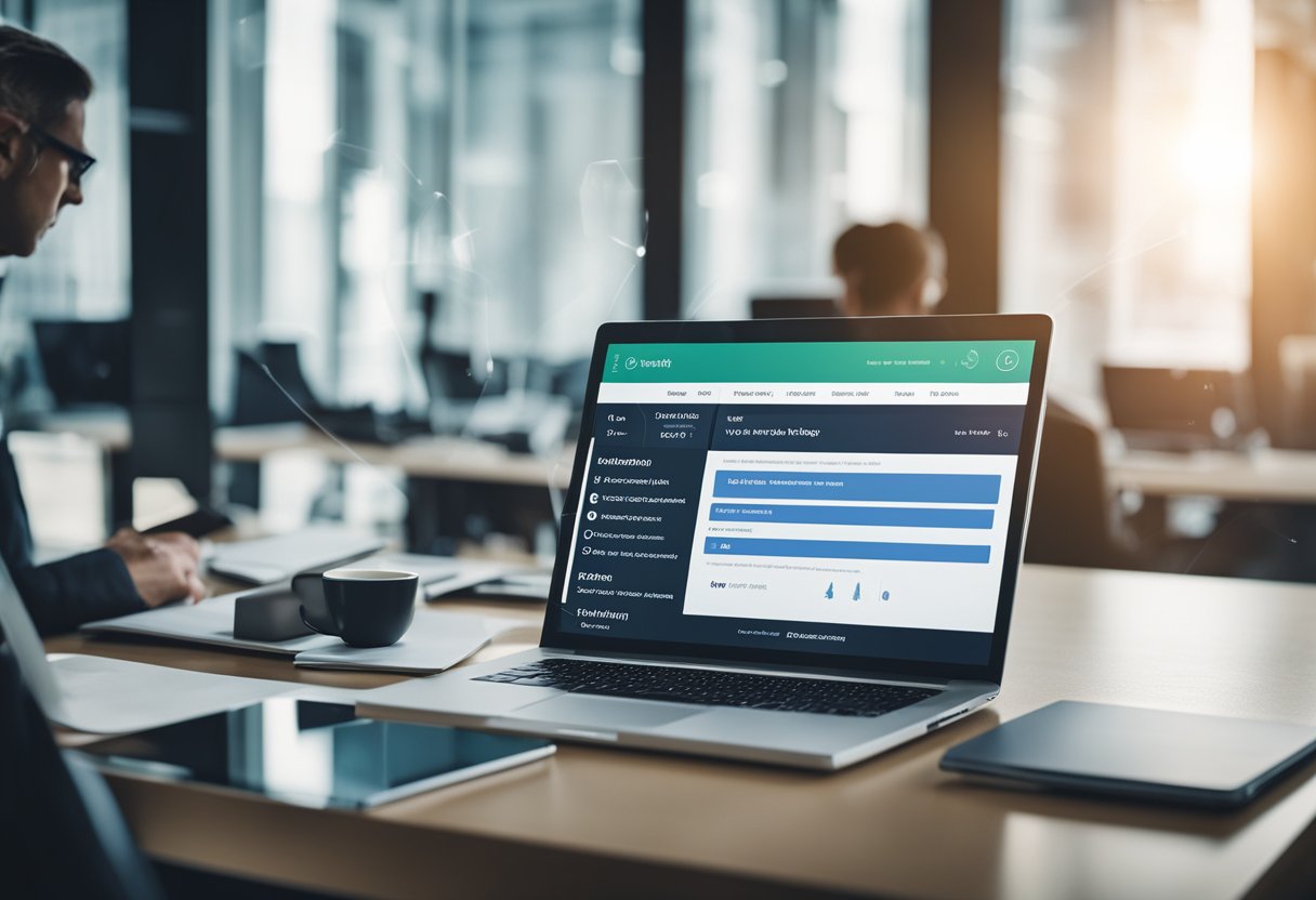 A computer screen displays an applicant tracking system interface with various tabs for job postings, candidate profiles, and recruitment analytics