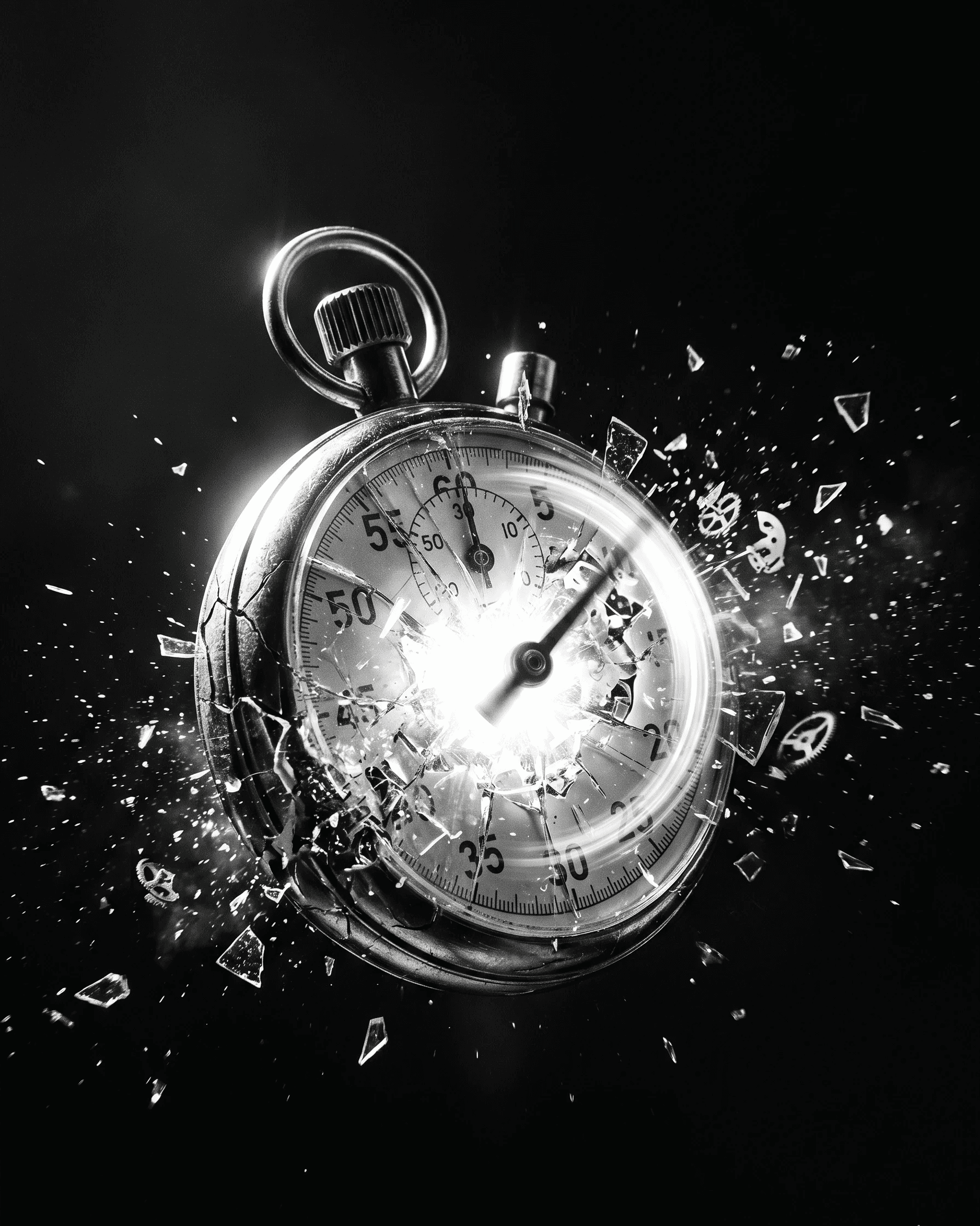 A dynamic high-speed black and white photograph capturing a classic round stopwatch exploding mid-frame against a dark background. Tiny gears and countless sharp glass fragments are frozen in motion, fanning outward from the central shatter-point. The second hand is a blurred arc-trail of spinning energy, and a dramatic rim light outlines the metal casing.