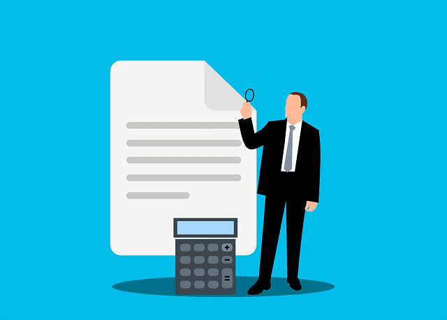 Illustration of a professional analyzing a document with a calculator, symbolizing tax filing for medical clinics in the USA.