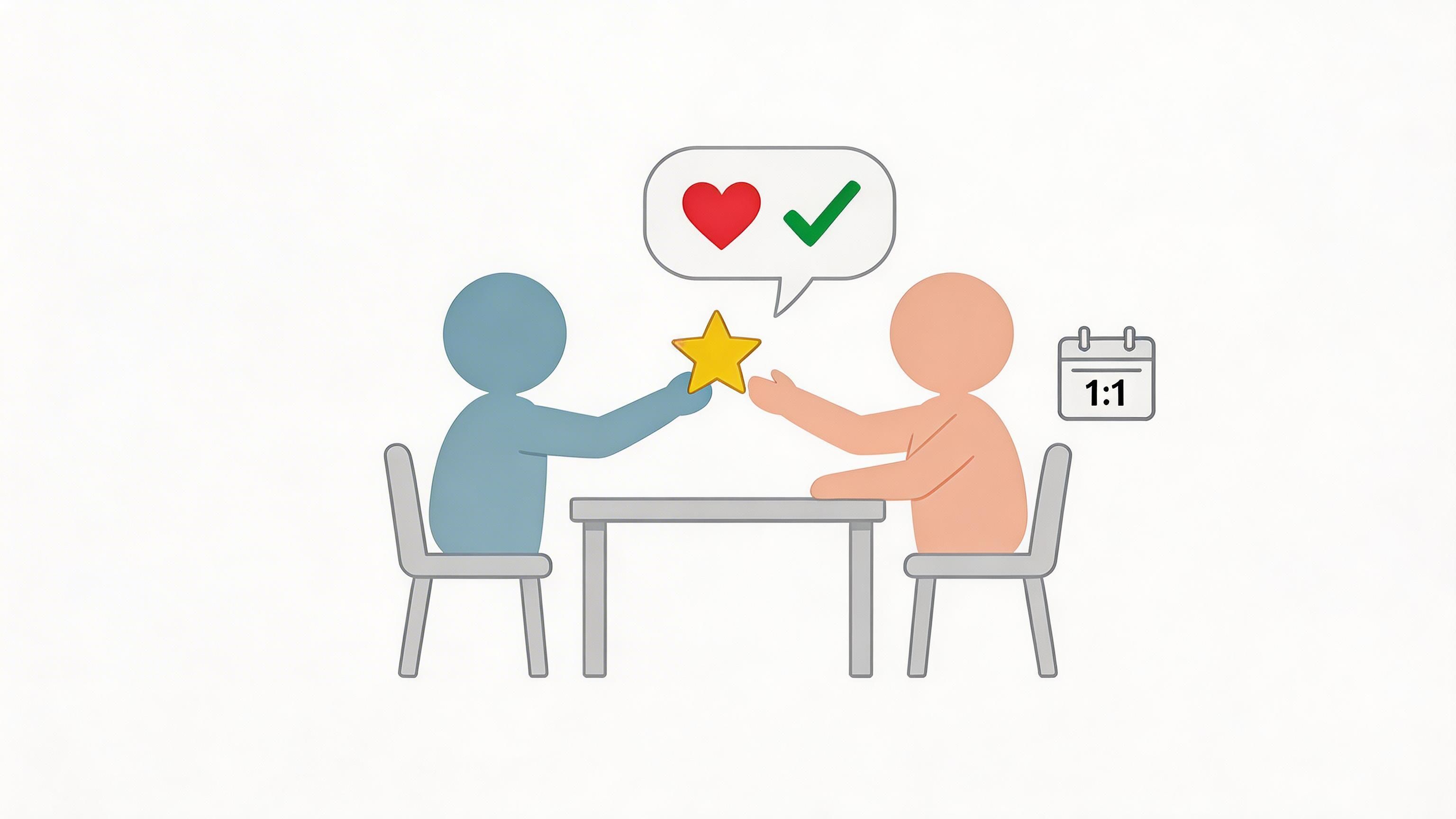Two stylized figures sitting across a table from each other, sharing a golden star, representing feedback and communication.