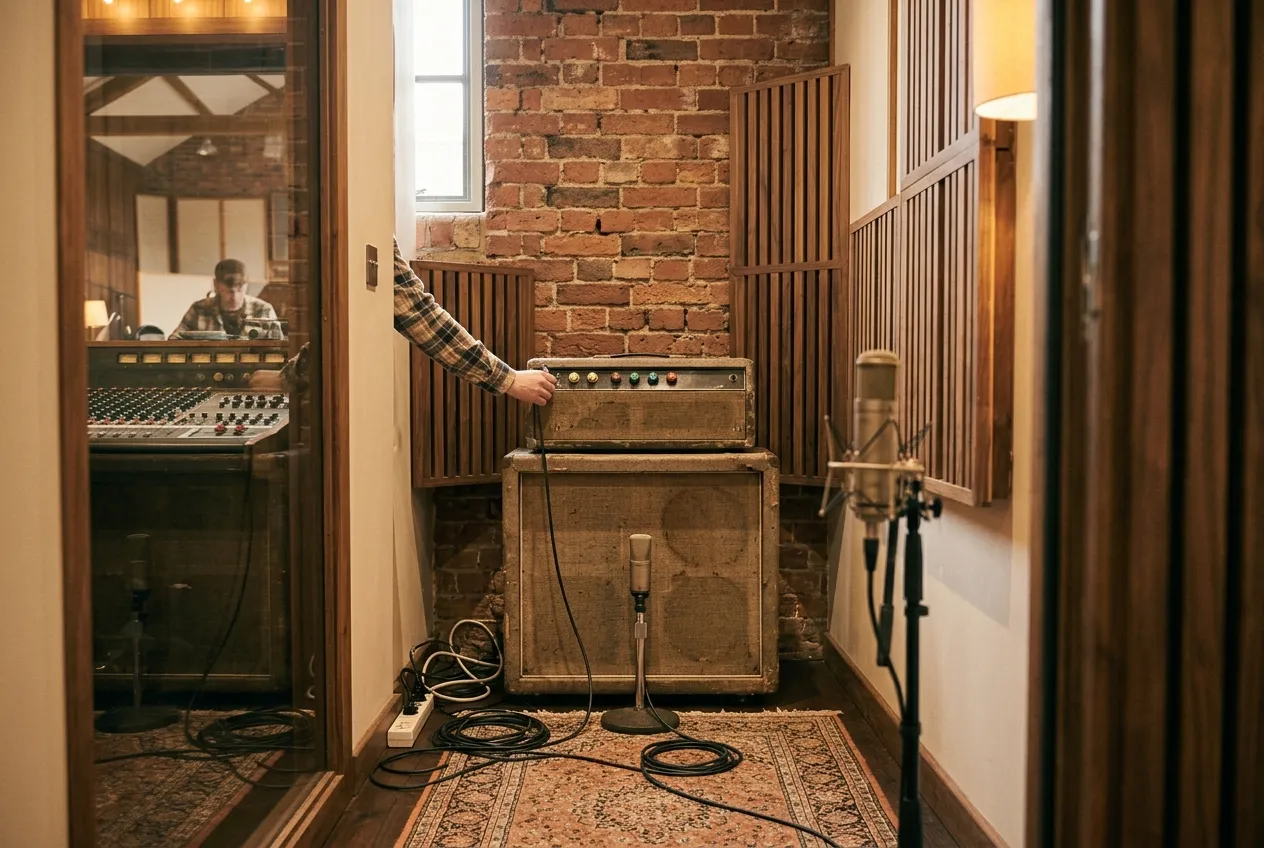 The iso booth with a guitar amp and microphone