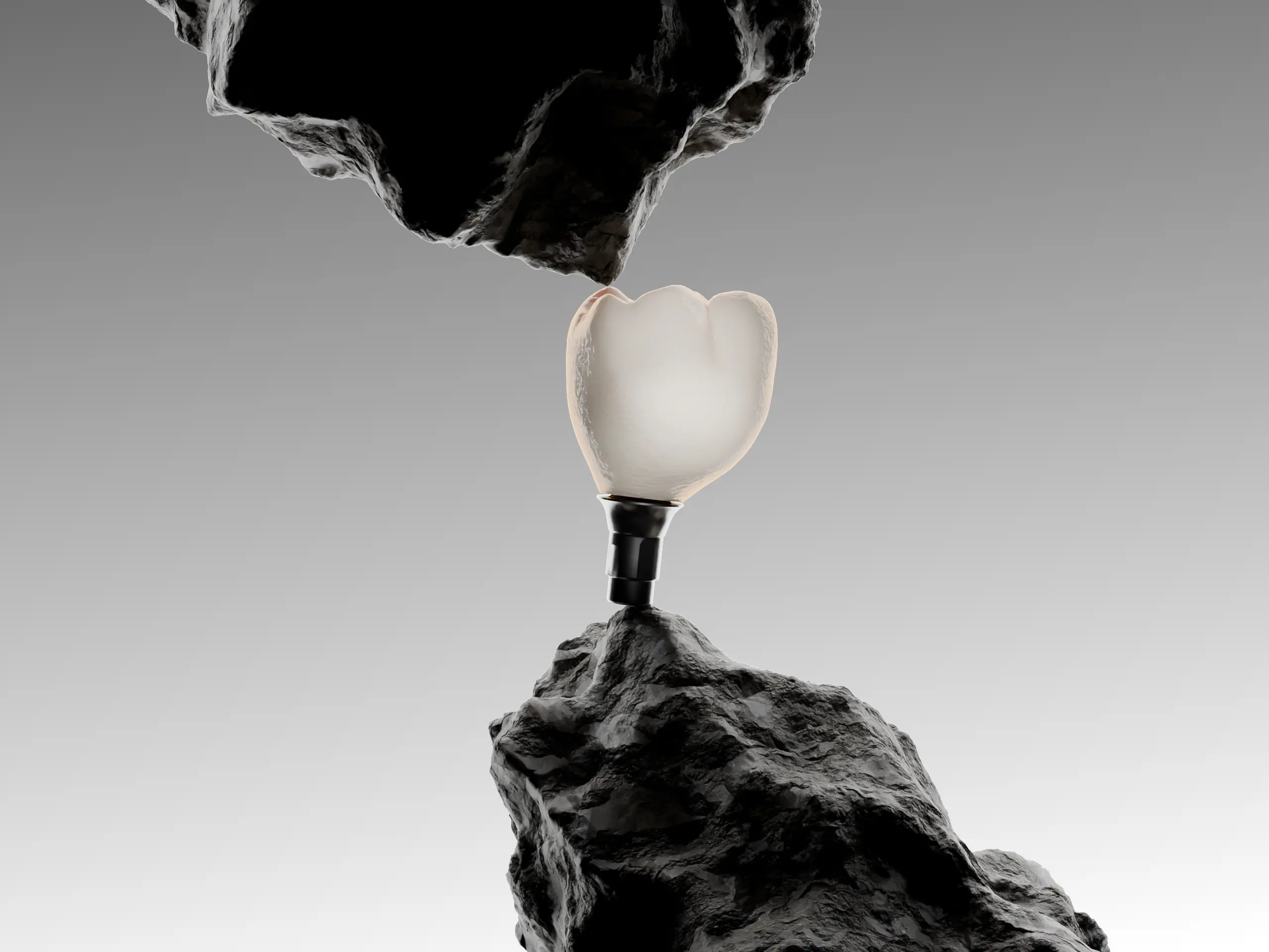 Fotorealistinė 3D dantų implantų vizualizacija – metalo komponentai ant akmens paviršiaus moderniame fone, sukurtas Renderiai.