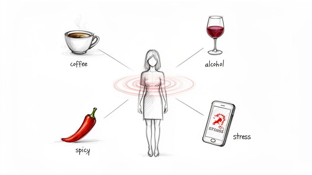 Illustration of a woman with red hot flashes, surrounded by common triggers: coffee, alcohol, spicy food, and stress.