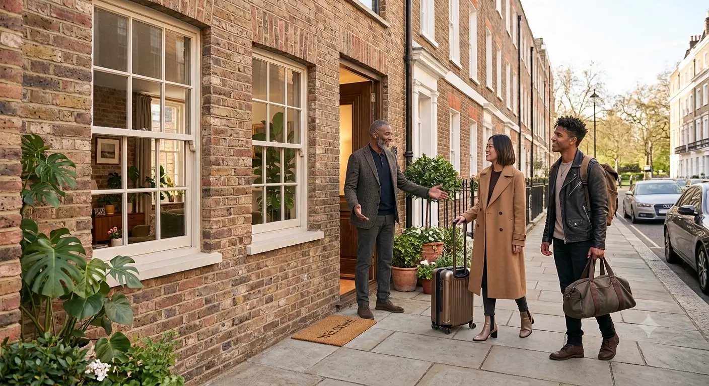 A vacation rental host welcoming returning guests back to a warm, well-kept home.