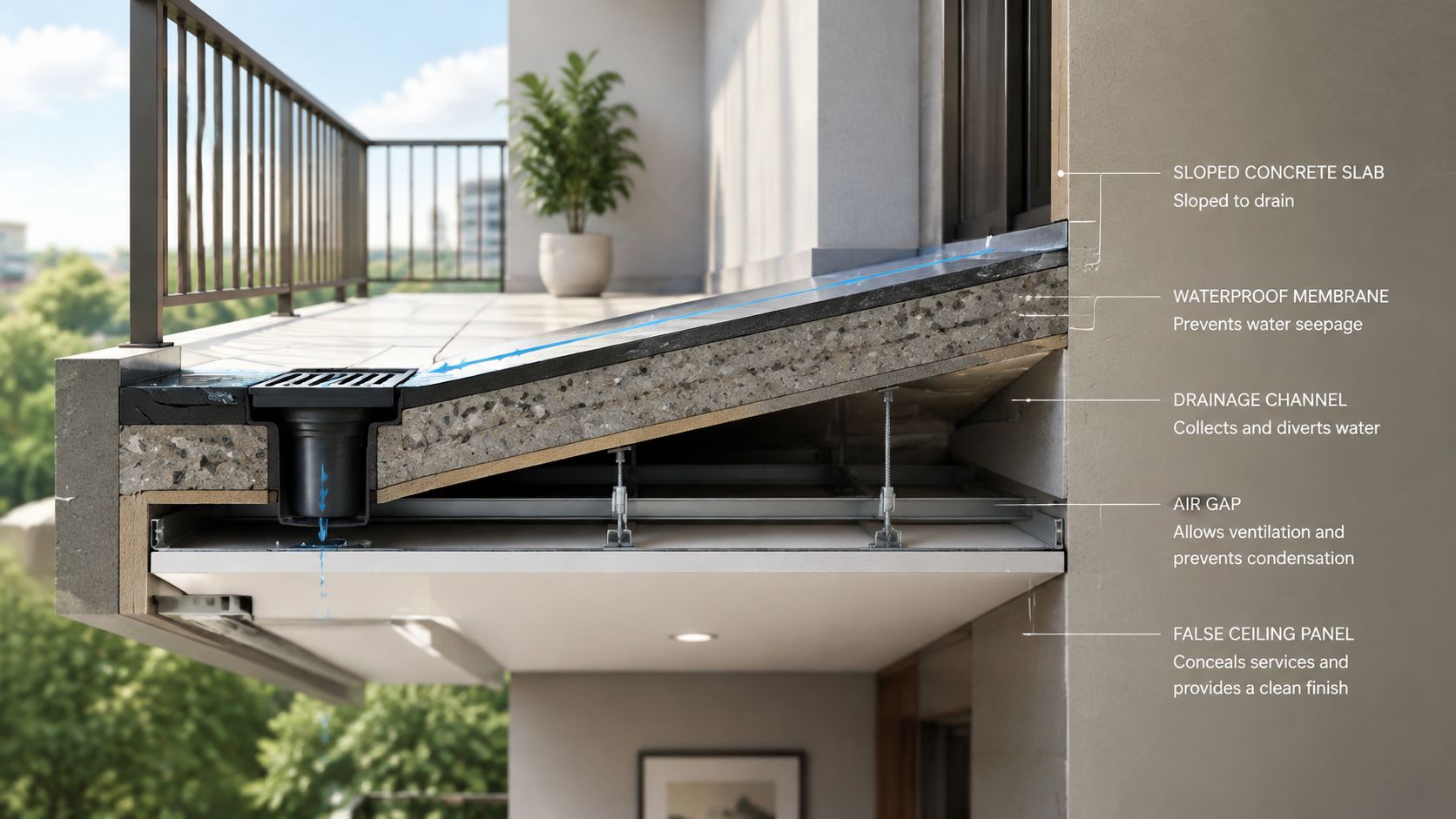 A cross-section illustration showing the structural components of an outdoor balcony and false ceiling design.