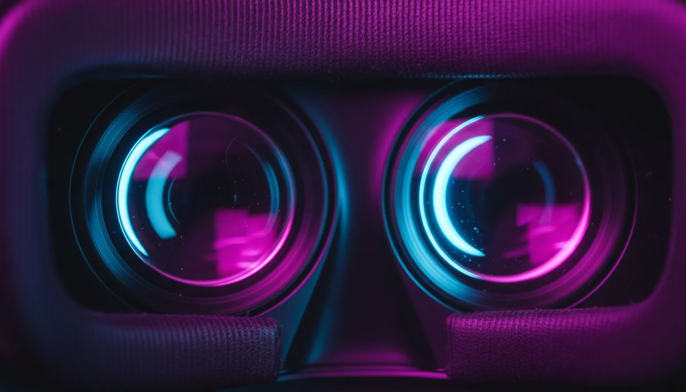 Close-up of VR headset lenses illuminated by neon light, representing immersive virtual experiences powered by Vagon Streams