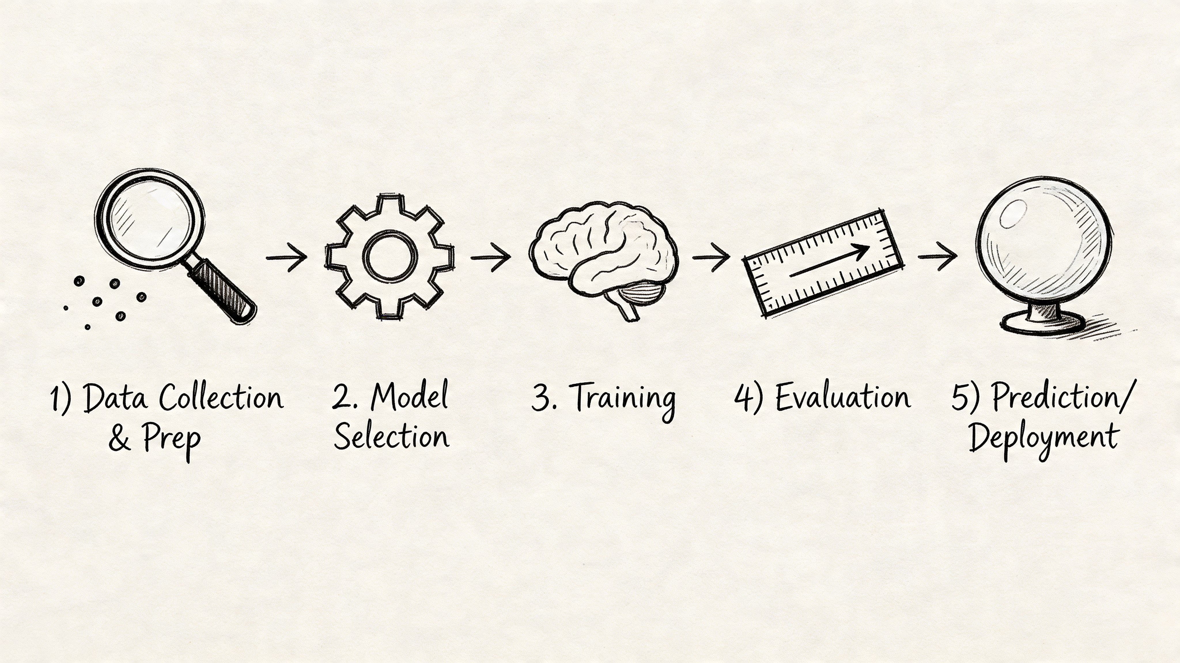 A hand-drawn illustration depicting the five steps of the machine learning pipeline, from data collection to deployment.