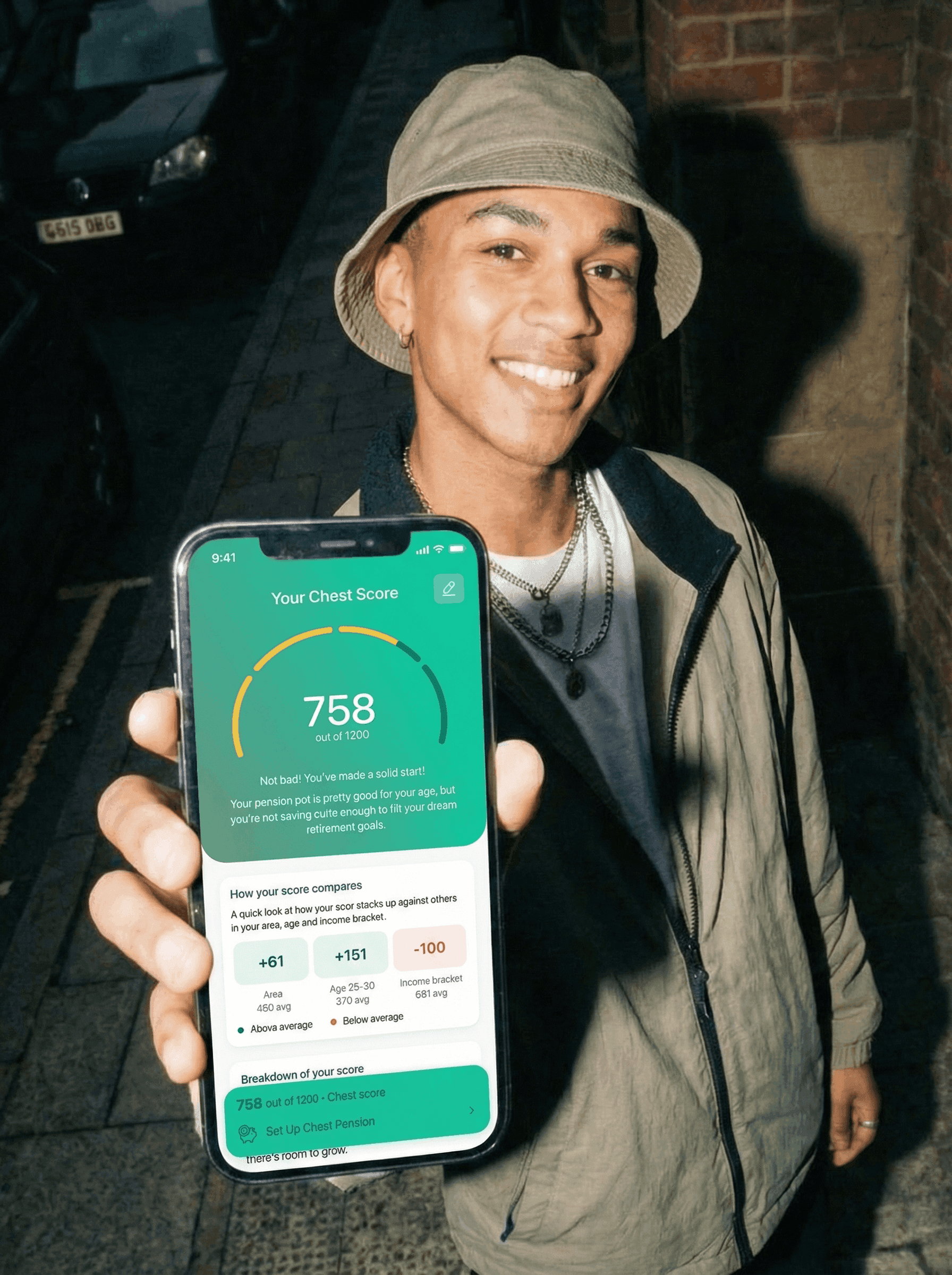 Phone in hand showing Chest app cashback into SIPP pension feature