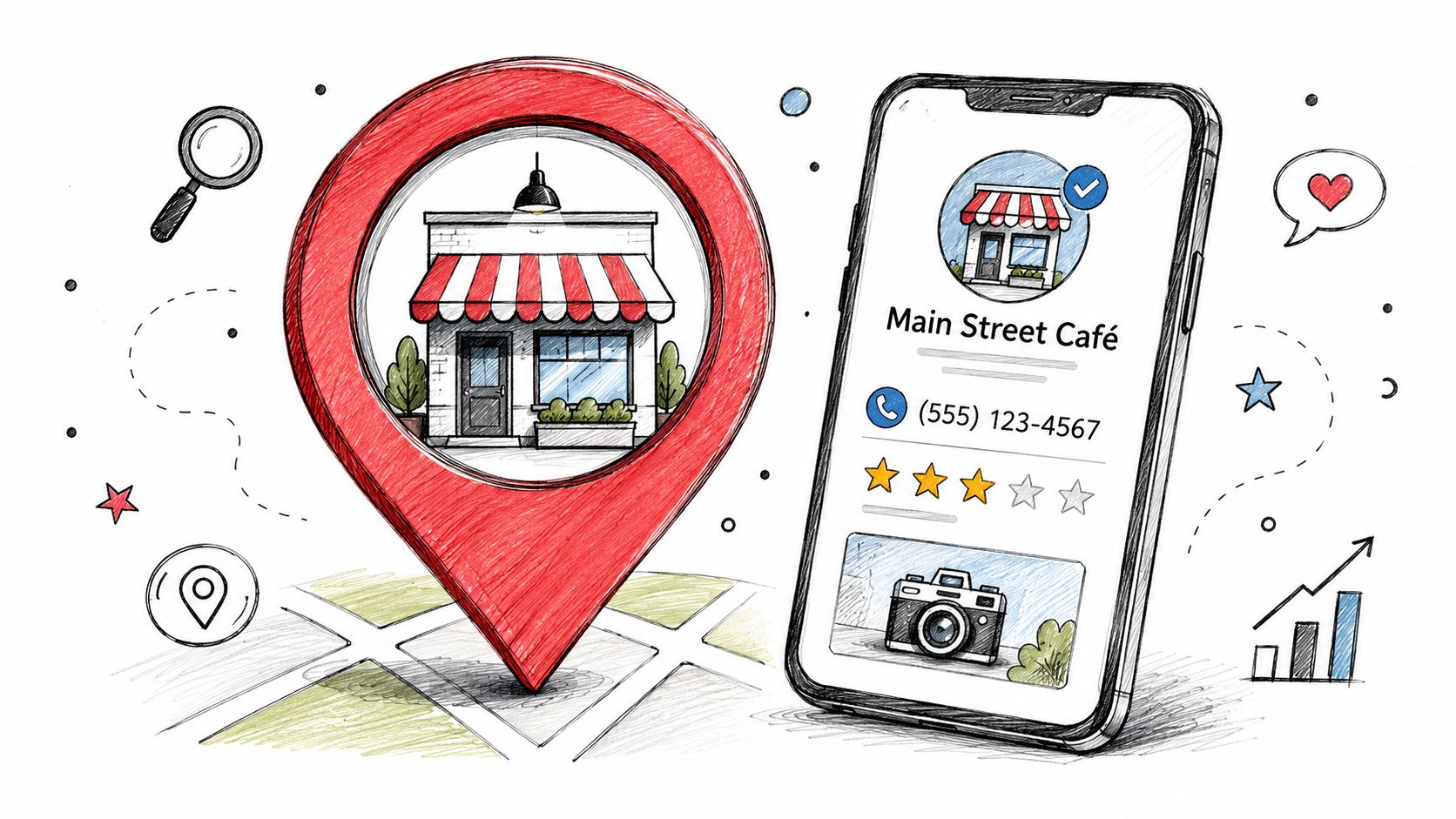 A smartphone displaying a café business profile alongside a red map location pin icon on a map.
