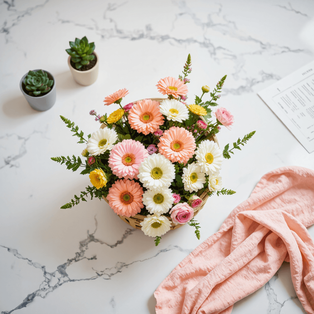 product photography of basket of flowers