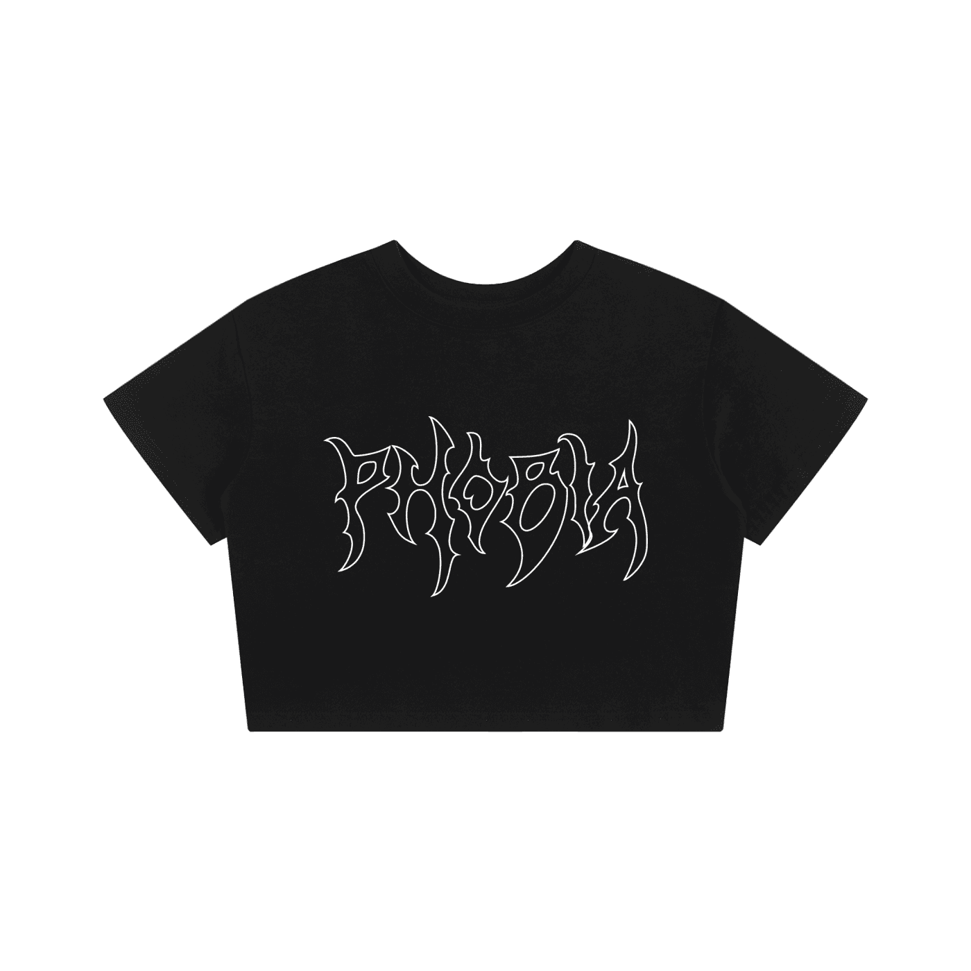 Black crop top with white 'PHOBIA' graphic on a white background