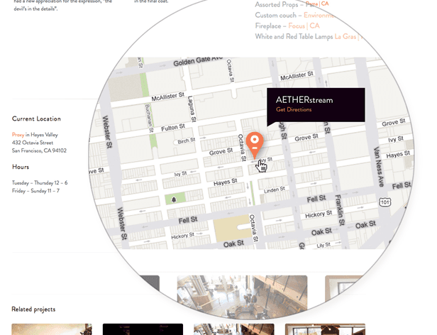 A circular map centered on AetherStream in Golden Gate Ave, San Francisco, CA, displays current location, hours, and related projects. The map shows streets, buildings, and nearby landmarks, with orange markers indicating AetherStream’s location.