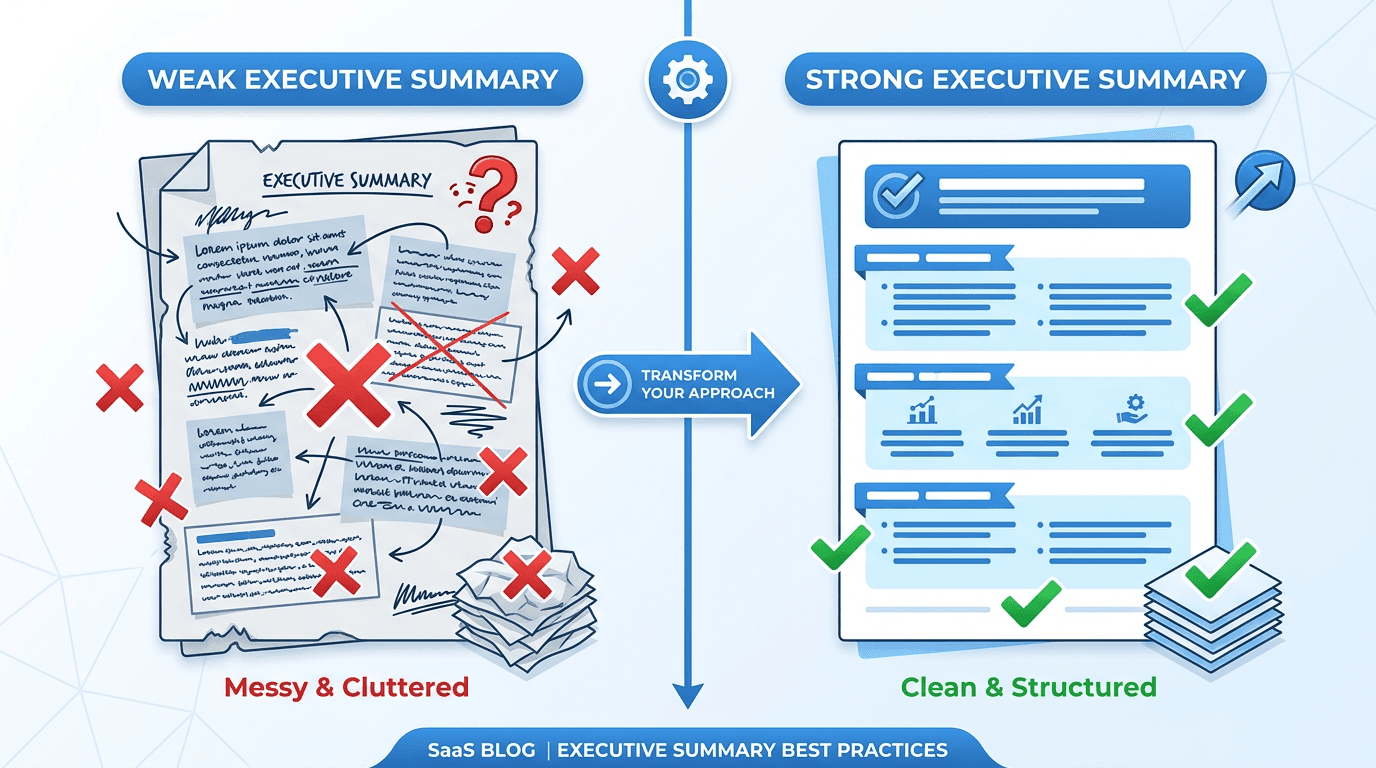 Side-by-side comparison of weak versus strong executive summary approaches