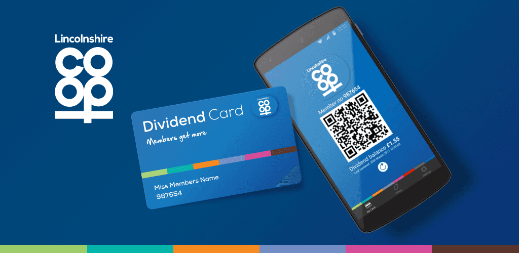 Lincolnshire Co-op dividend card next to a mobile phone showing the new app QR code