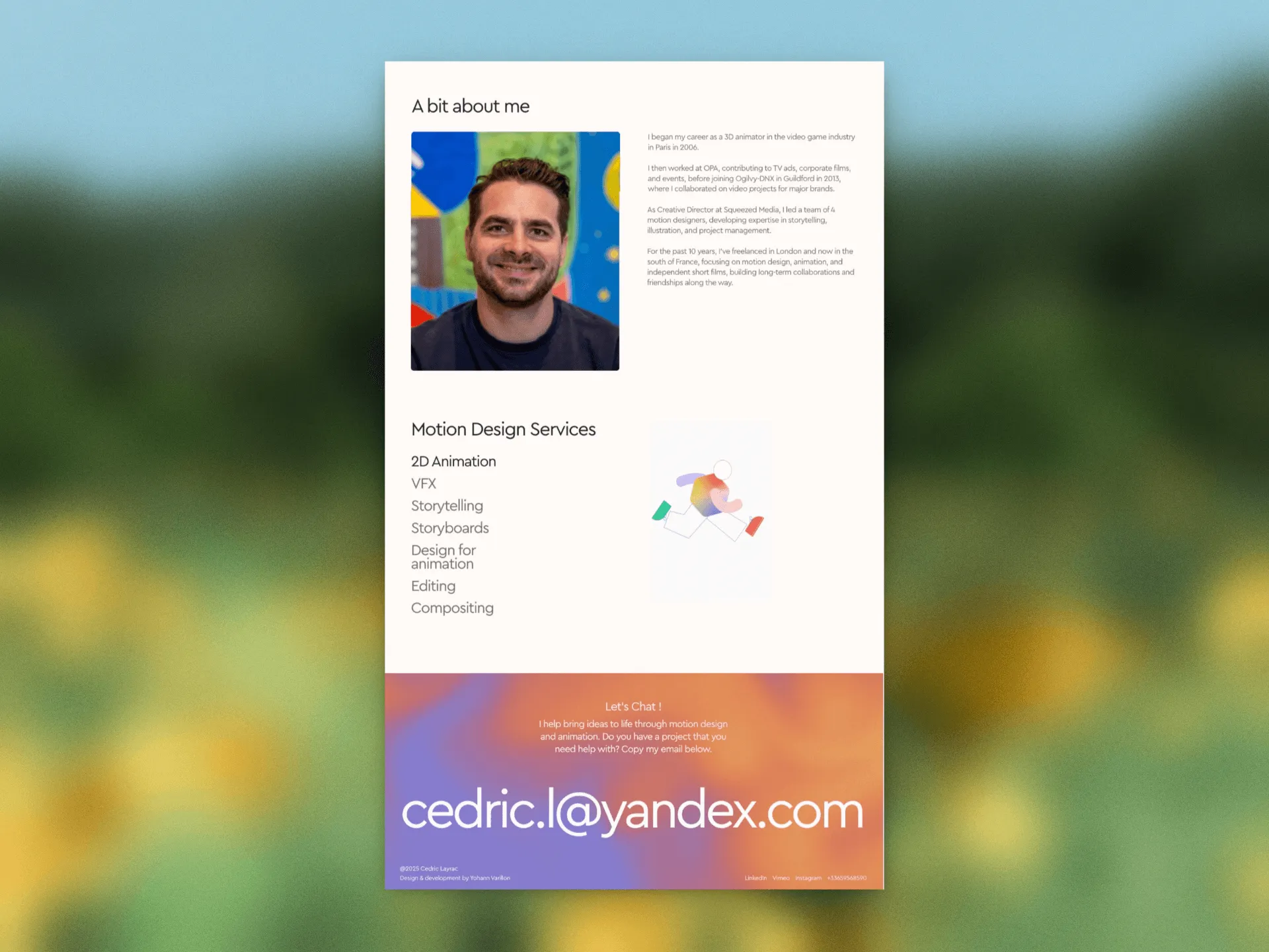 Cedric Layrac motion designer about page with a portrait, motion design services, and colorful animation artwork.