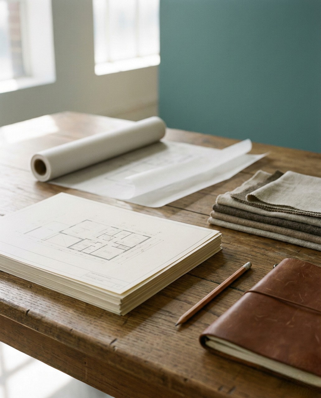 A wooden table holds architectural blueprints, a pencil, and a leather-bound notebook. Rolled paper and folded fabric are nearby. The scene is calm and organized.