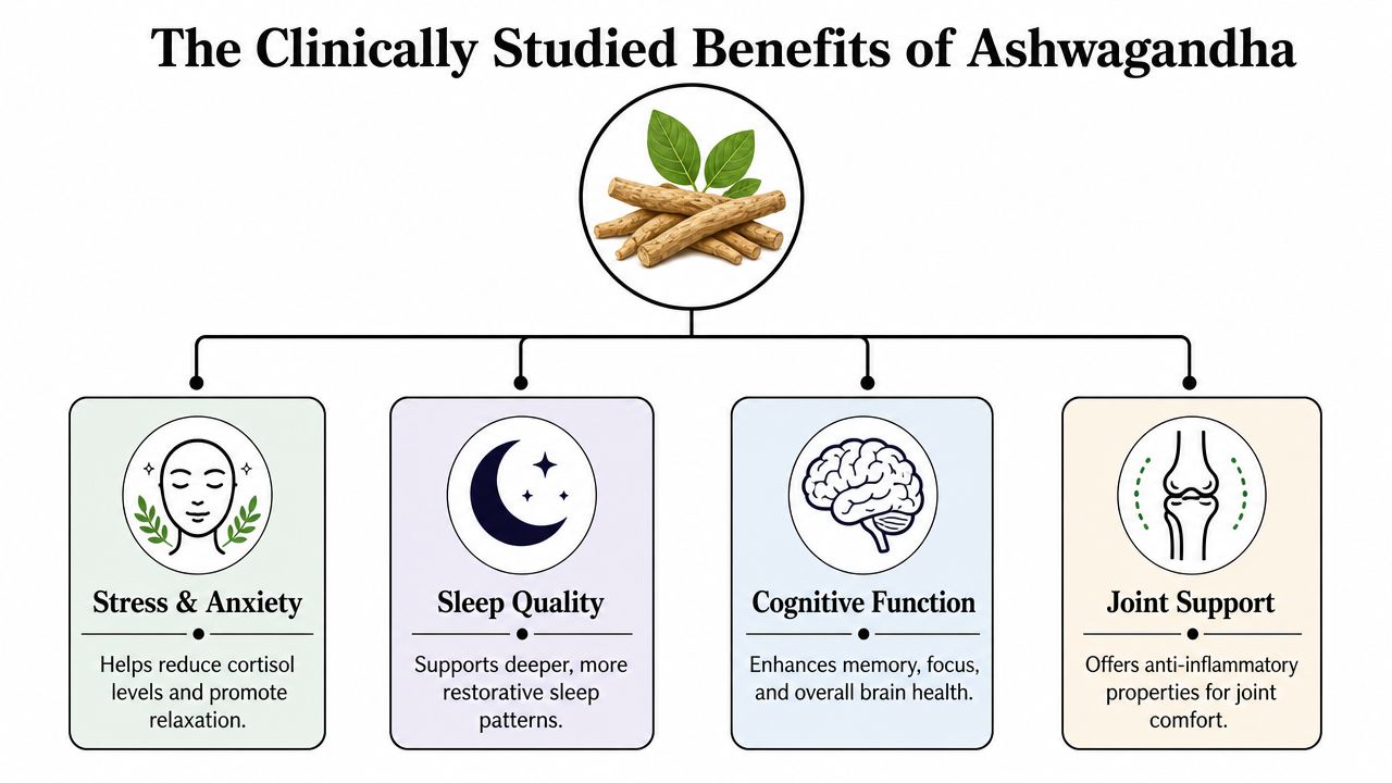 A diagram outlining the four primary, clinically studied health benefits of Ashwagandha root including stress, sleep, cognition, and joints.