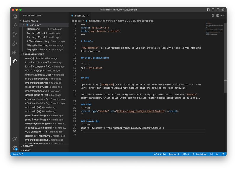 The VS Code editor window showing the new Suggested Materials view in Pieces for VS Code.
