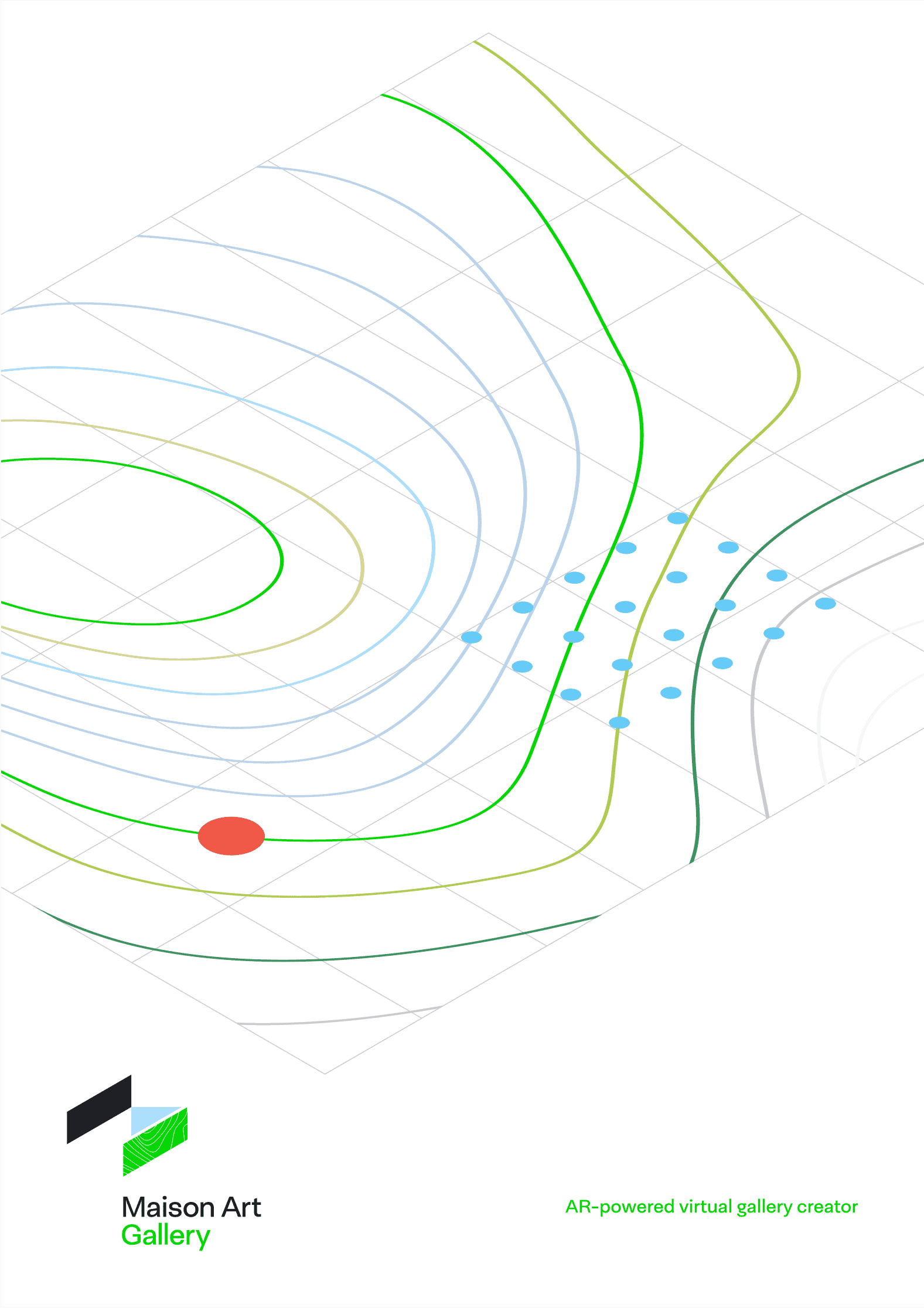 Minimalist AR-driven virtual exhibition map using contour lines and node dots.