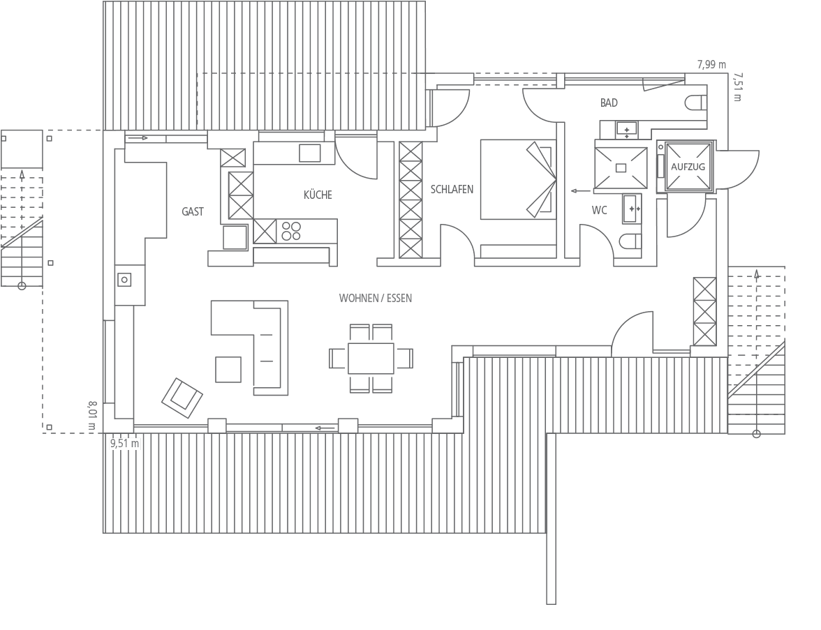 Grundrissskizze eines Apartments mit Wohn-/Essbereich, Küche, Schlafzimmer, Gästezimmer, Bad und WC.