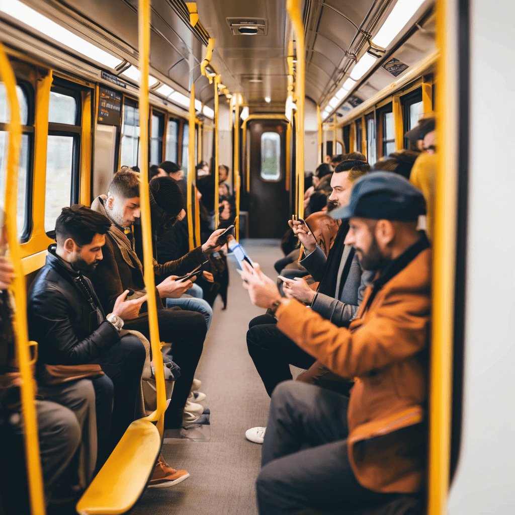Subway passengers sitting in a row, each looking down at a phone