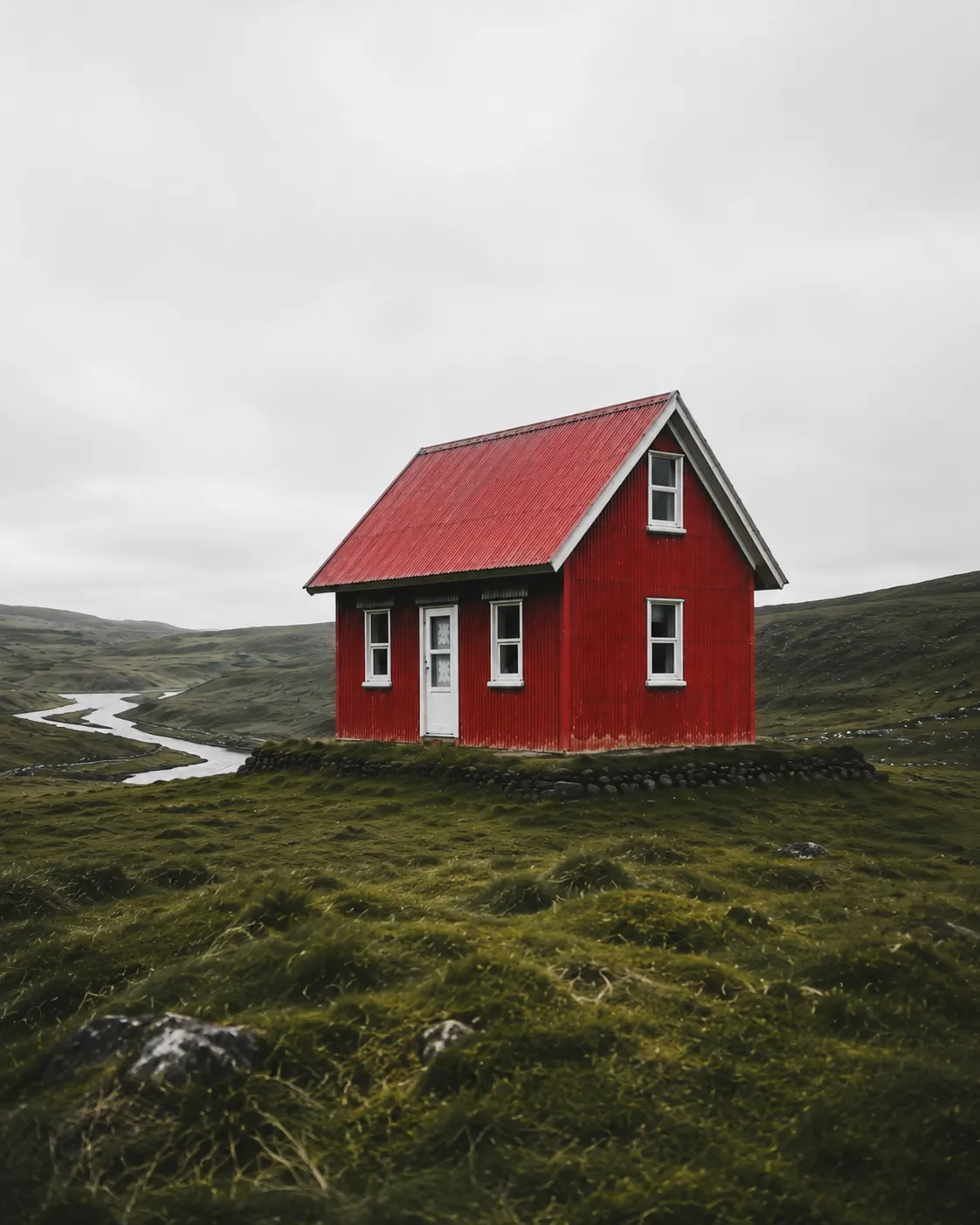 Close-up exterior view of a red chalet showing the weathered metal roof, white-trimmed windows, and rustic facade.