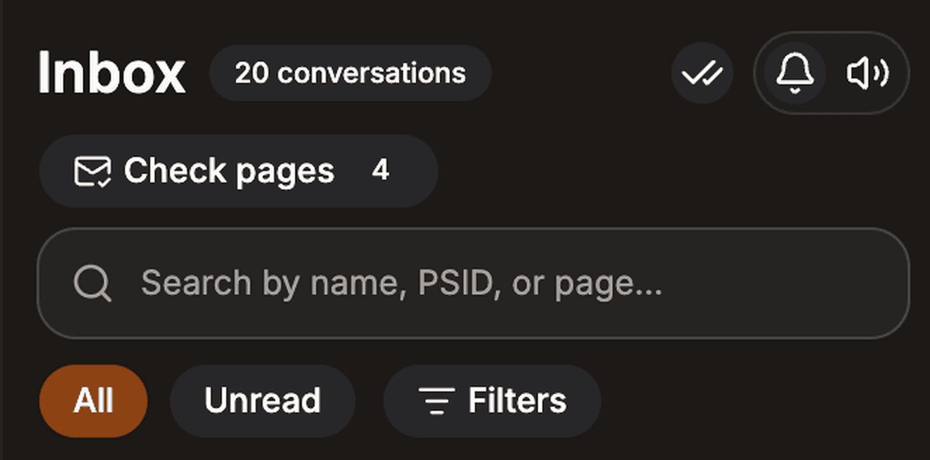 Inbox search bar that matches lead name, PSID, or page name
