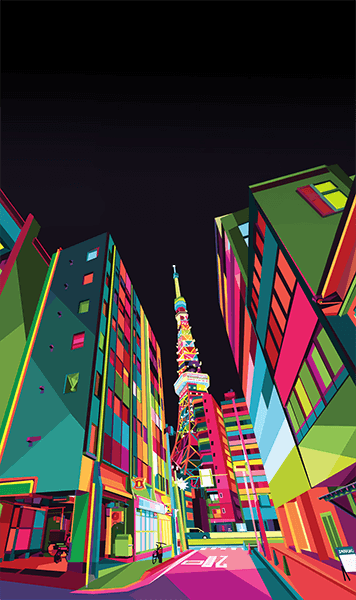 colorful popart of Tokyo Tower and buildings