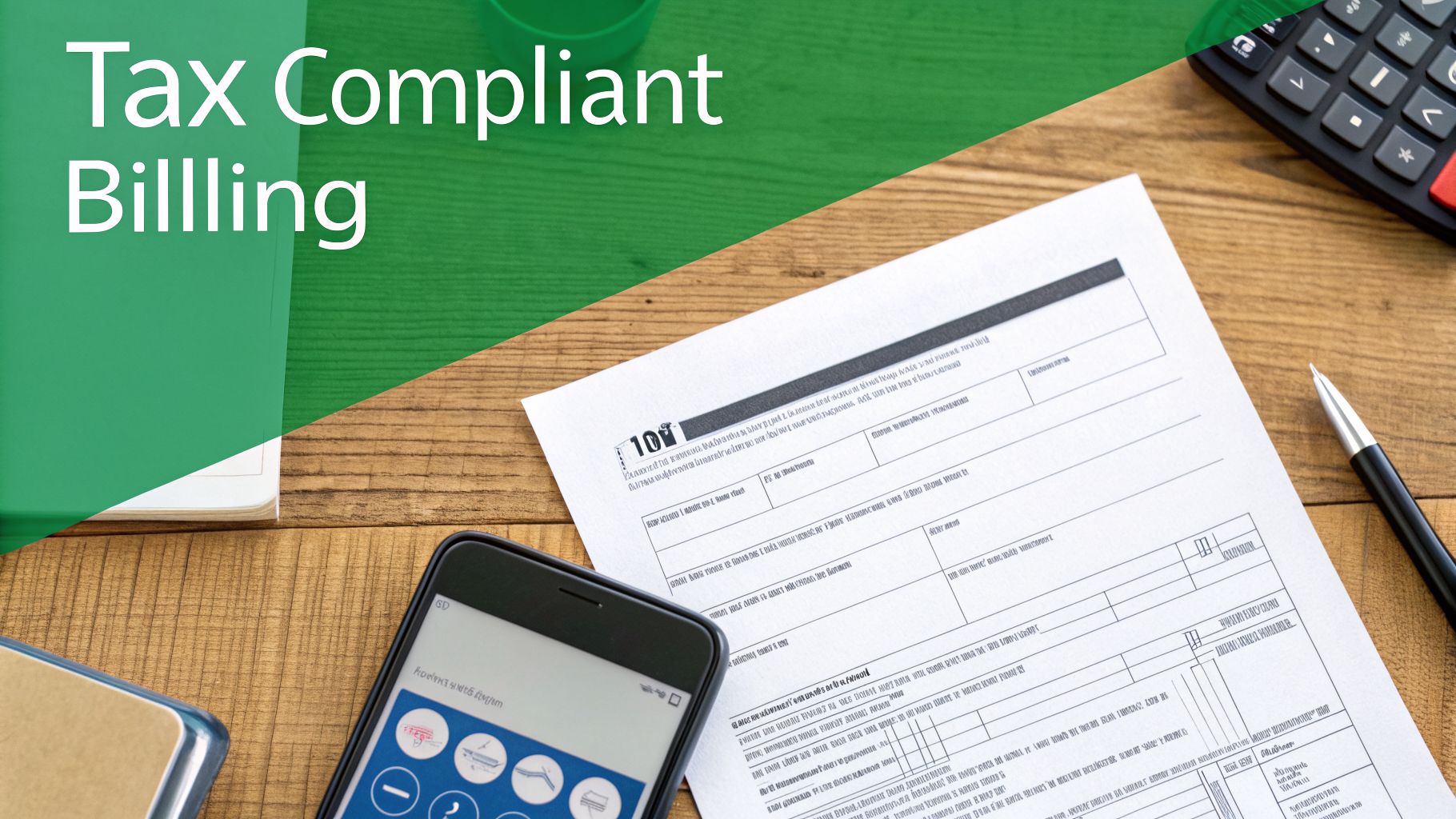 Desk with tax forms, calculator, smartphone, and a green overlay reading 