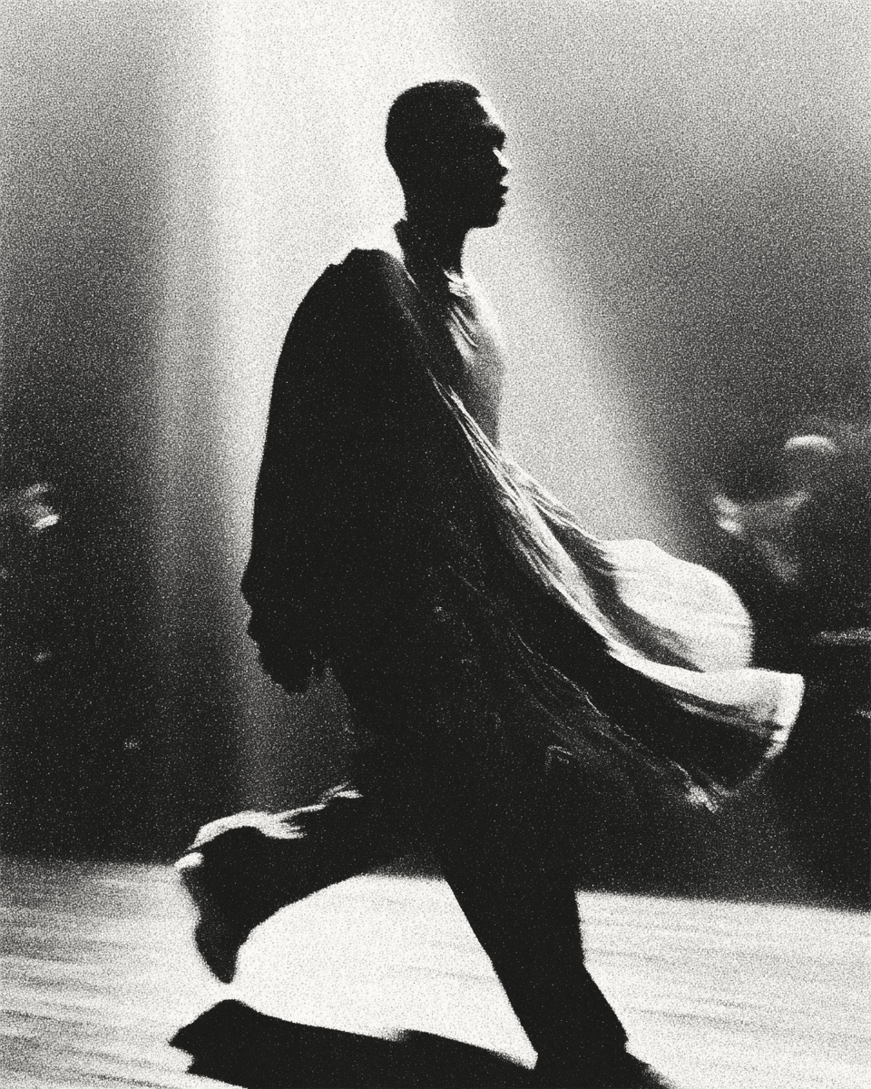 Aventi Studio Kinetic Study: Low angle runway photography capturing aggressive walking motion. Fluid fabric simulation with calculated motion blur. Volumetric light beams hit the concrete floor, emphasizing the dynamic range of the monochromatic palette. Style reference: Avant-garde fashion editorial.