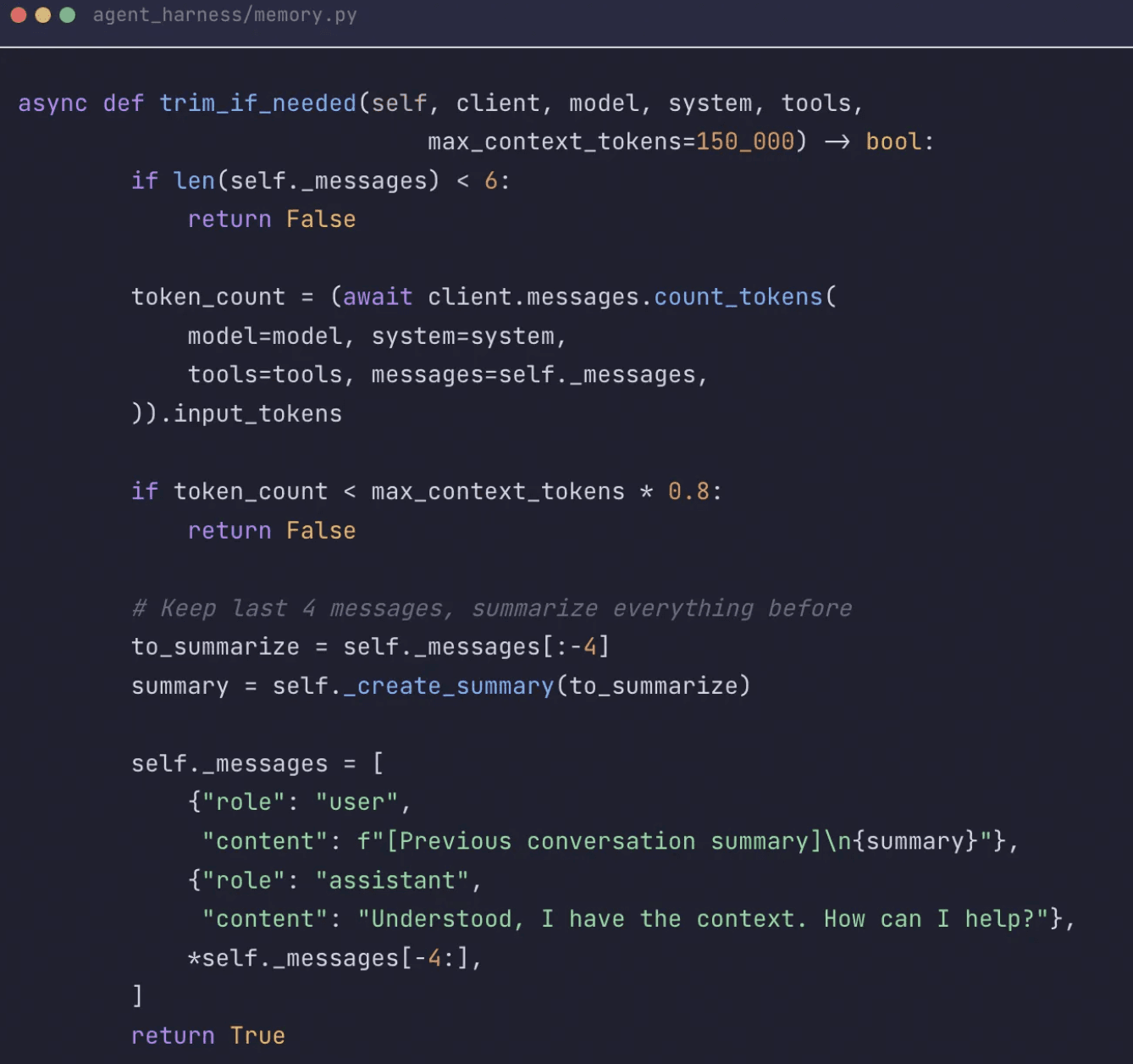 Diagram showing rolling context compaction — older turns summarized into a condensed history block while the most recent 10-20 turns remain in full detail