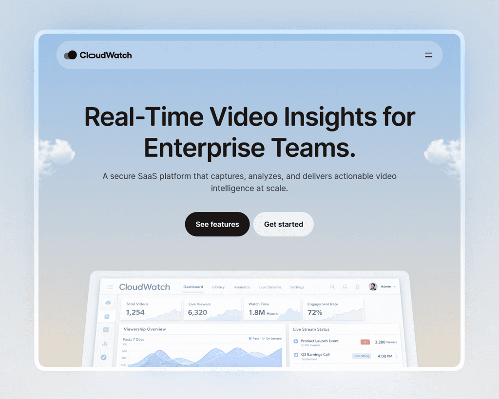Homepage design showing a light blue sky with clouds and a dashboard interface.
