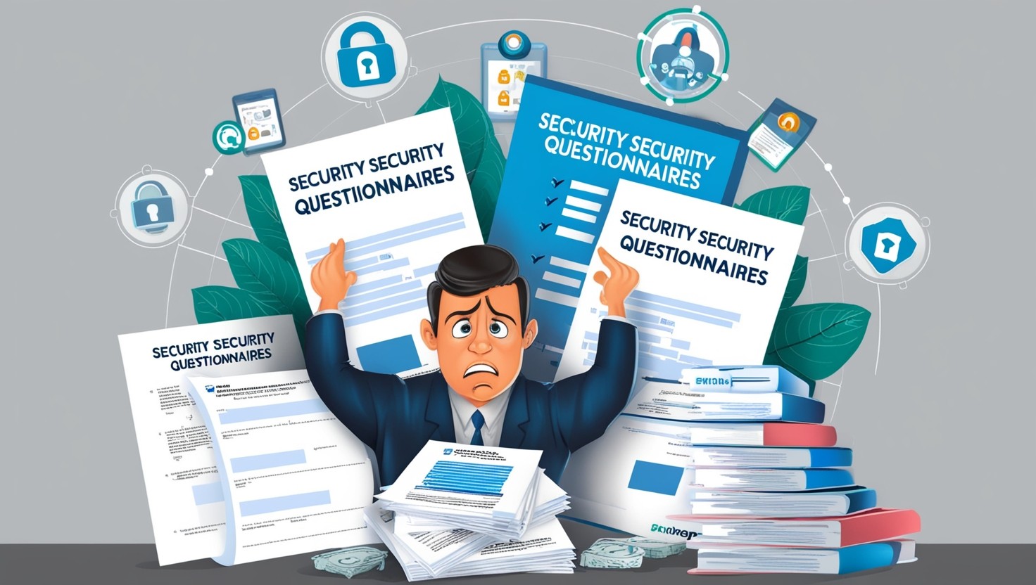 Business professional overwhelmed by complex security questionnaires with cybersecurity and automation elements in the background.