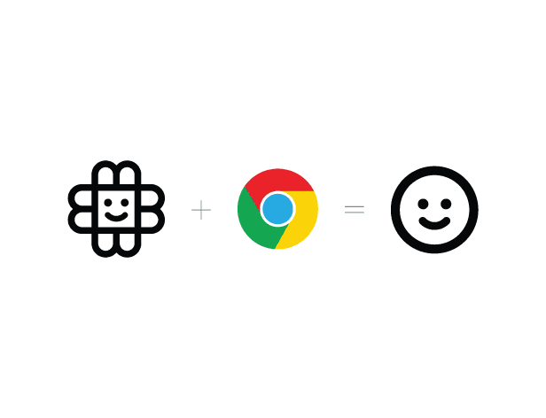 The image shows three distinct icons arranged horizontally: a stylized flower with a face, a Google Chrome logo, and a smiley face. The flower icon is black and composed of a square with rounded edges and four circular petals; the Google Chrome logo is circular with red, yellow, and green segments; and the smiley face icon is circular with two dots for eyes and a curved line for a mouth. All three icons are centered on a plain white background, and the symbols are separated by a plus sign (+).