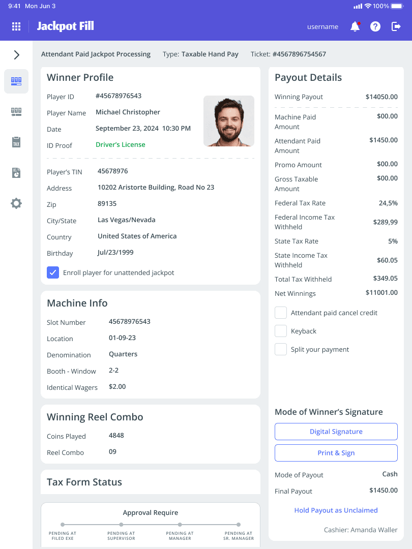Redesigned JackpotFill dashboard on a tablet: a dark-themed UI showing a jackpot event detail card with winner information, payout amount, transaction ID, compliance status badge, and a prominent 'Confirm Jackpot' call-to-action button
