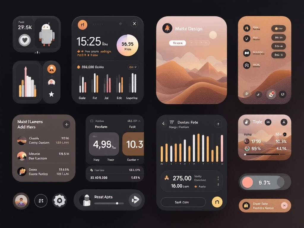 UI design for smartwatch apps showcasing various data visualizations and settings.