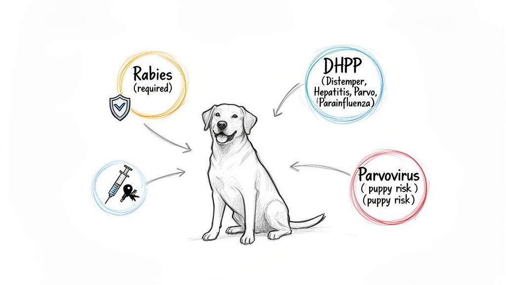 An illustration of a dog surrounded by circles detailing required and recommended vaccinations for dogs.