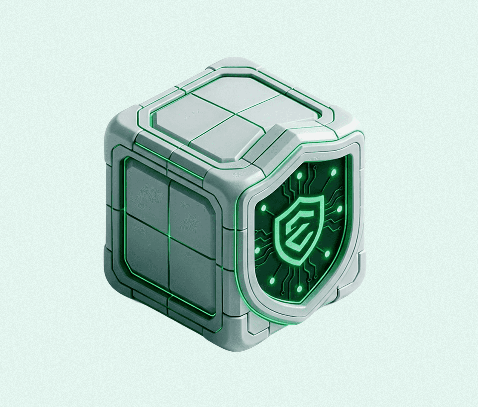 A 3D cube with a shield icon and circuit board design, glowing green.