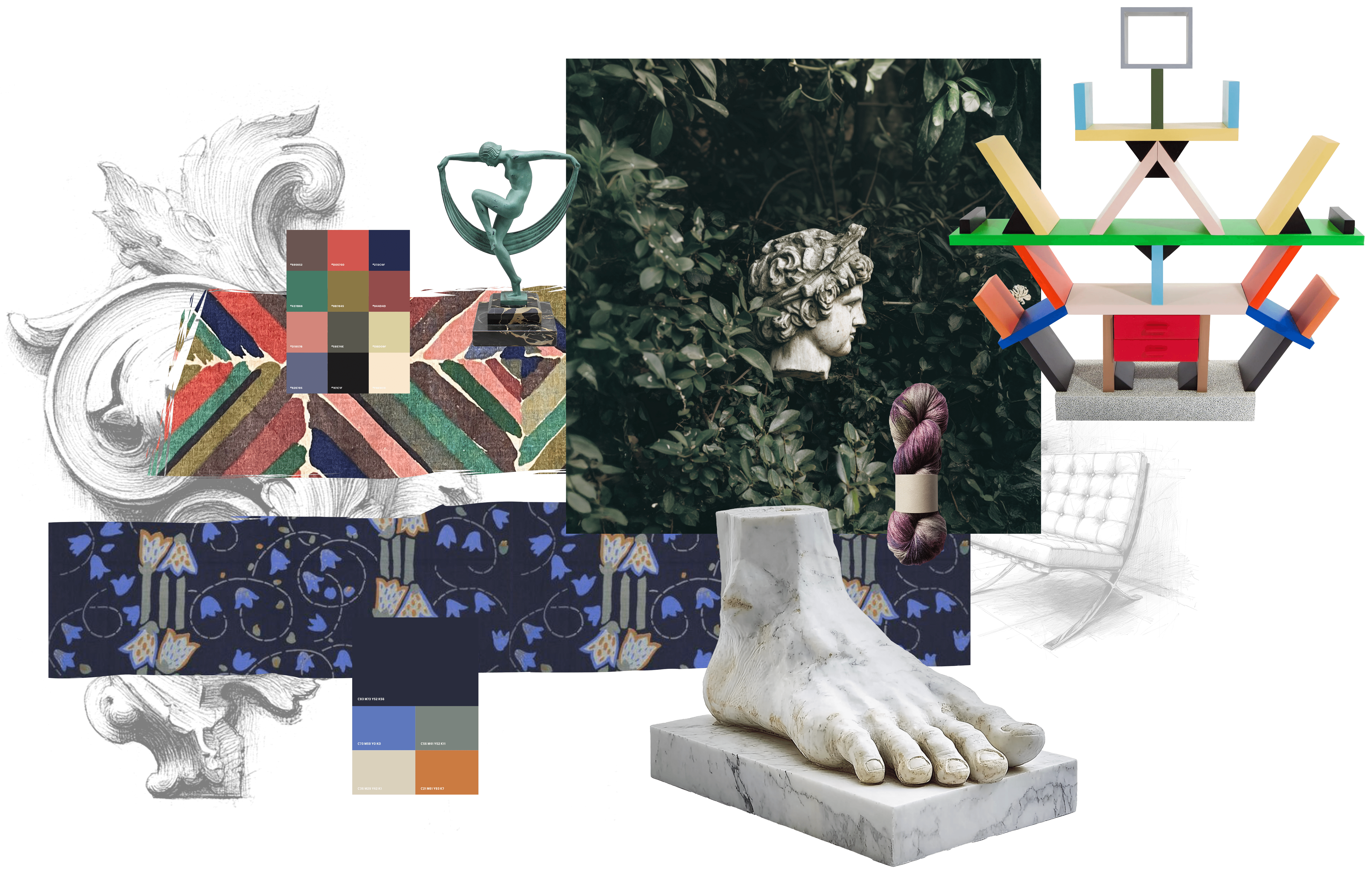 A collage of marble sculptures, including a head statue, a foot, colourful geometric shapes, and a floral pattern design.