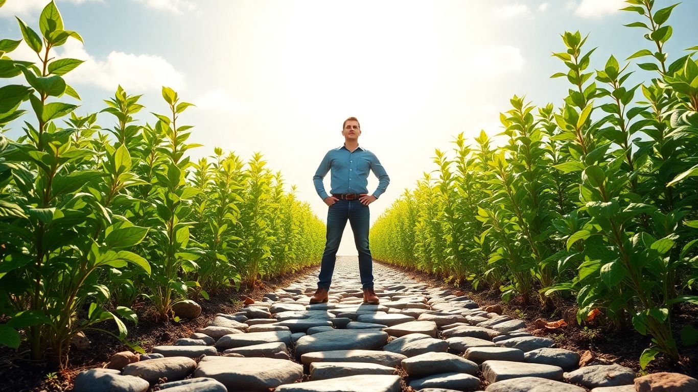 Entrepreneur looking towards a bright horizon with growing plants.